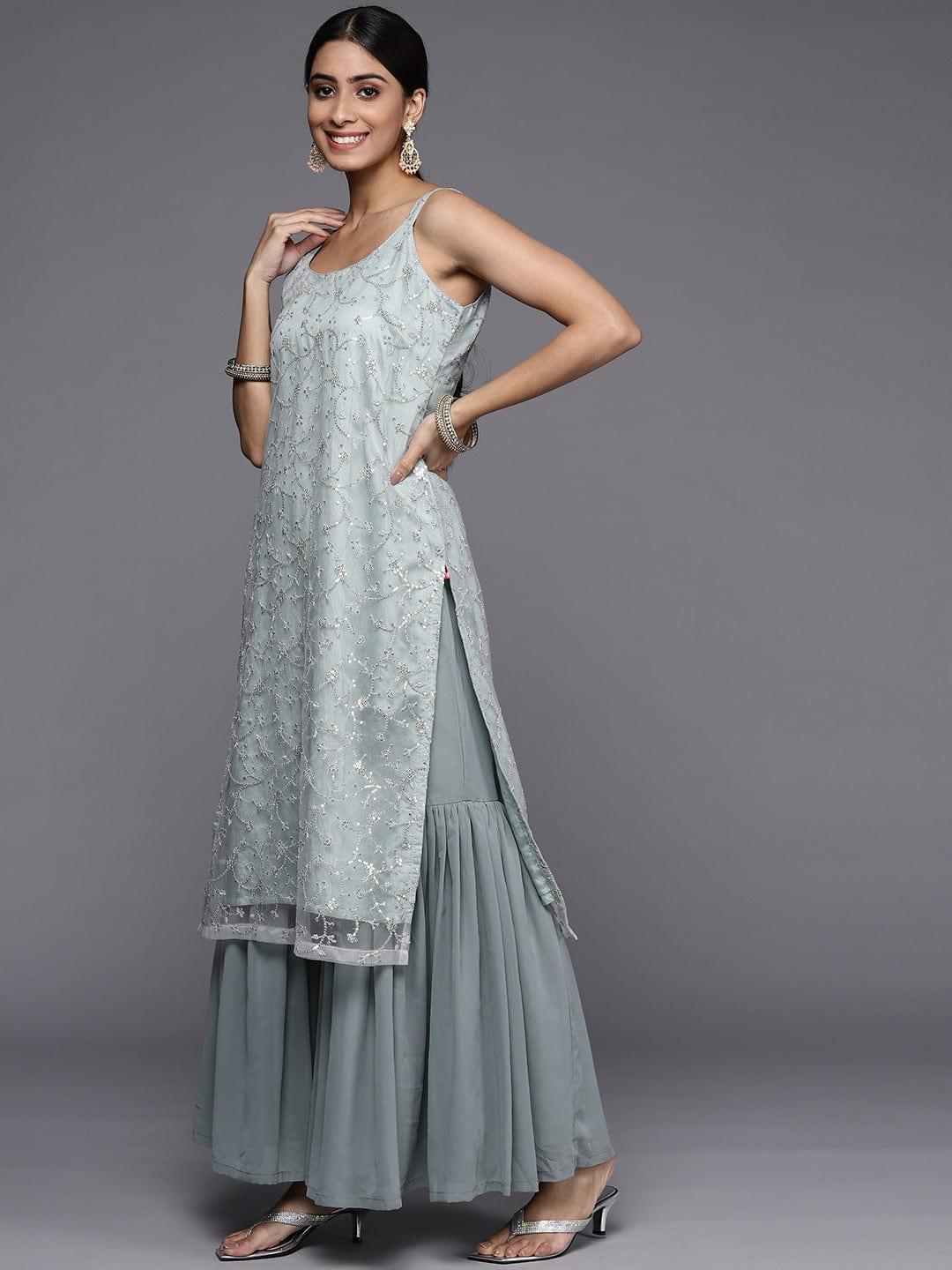 Varanga grey embroidered kurta paired with sharara and dupatta - Indiakreations