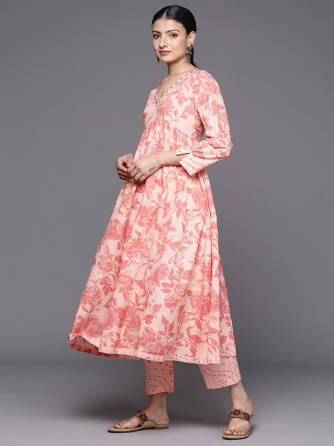 Varanga Women Peach Floral Empire Thread Work Kurta with Trousers & Dupatta - Indiakreations