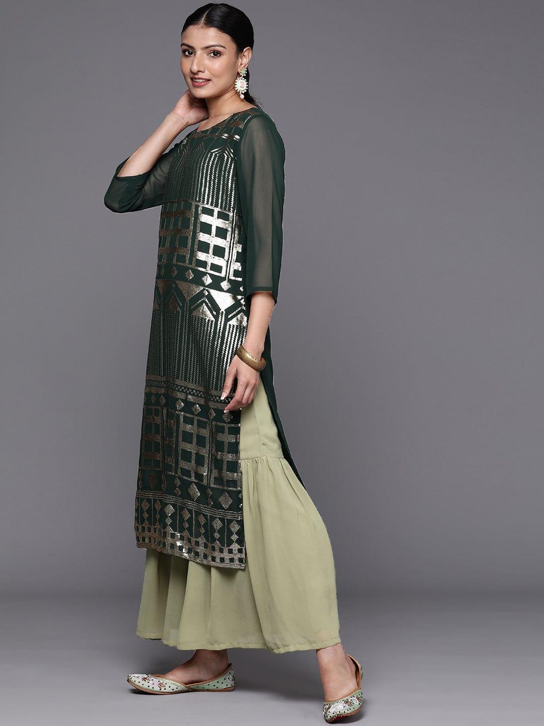 Varanga Women Green Silk Georgette Kurta with Sharara & With Dupatta - Indiakreations