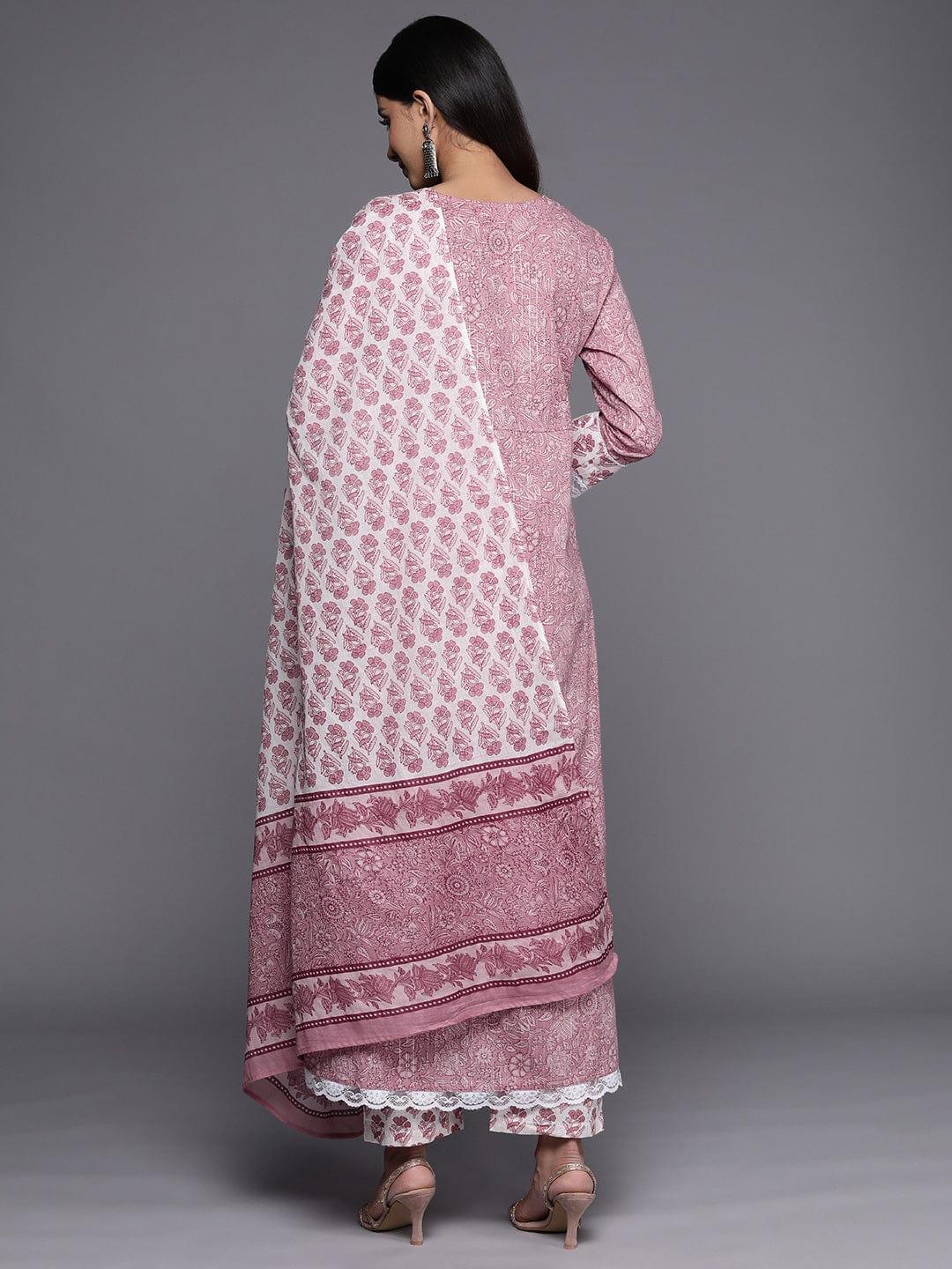 Varanga Mauve Floral Printed Pure Cotton Kurta with Trousers & With Dupatta - Indiakreations