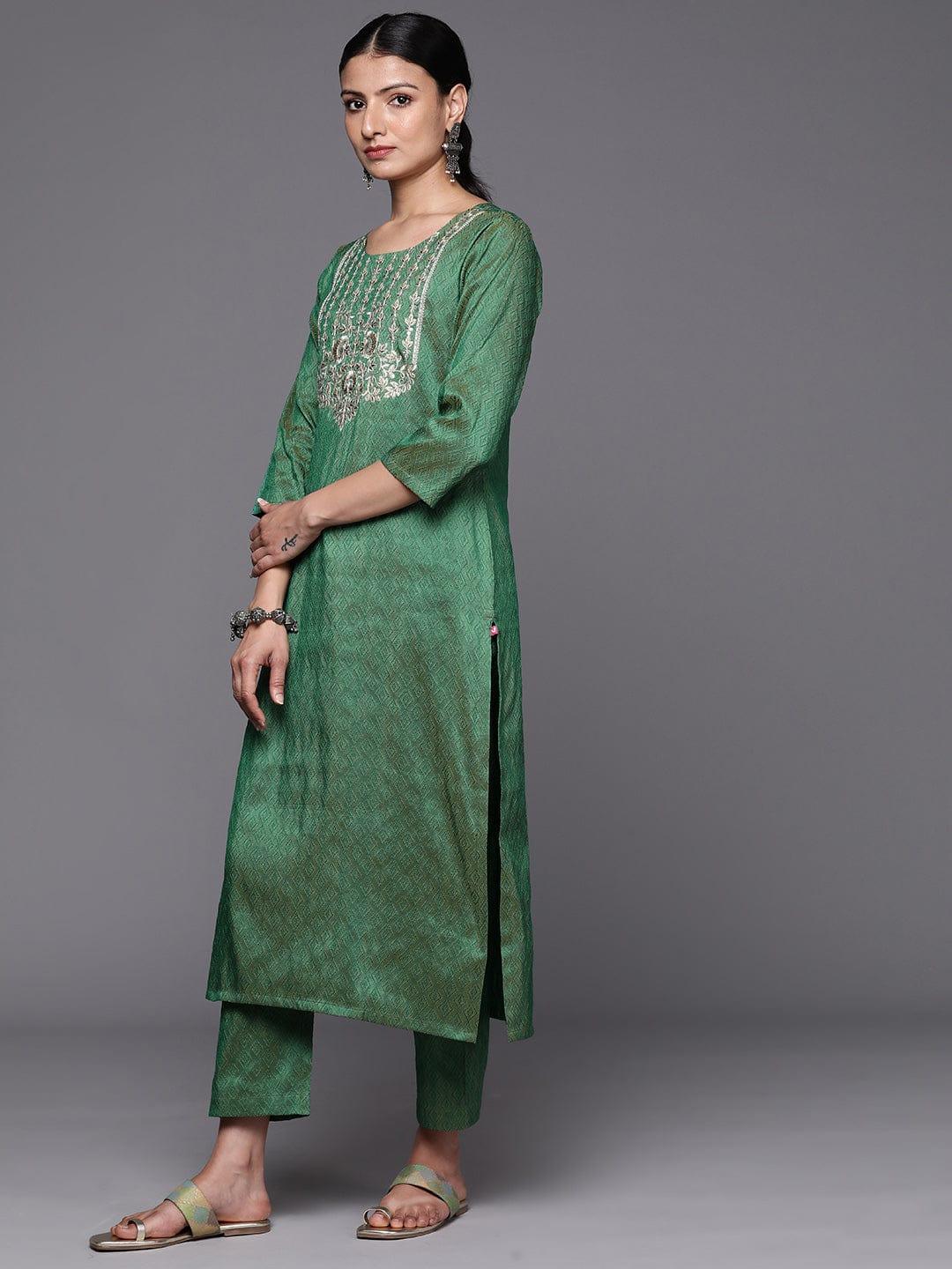 Varanga Women Green Ethnic Motifs Embroidered Kurta with Trousers & With Dupatta - Indiakreations