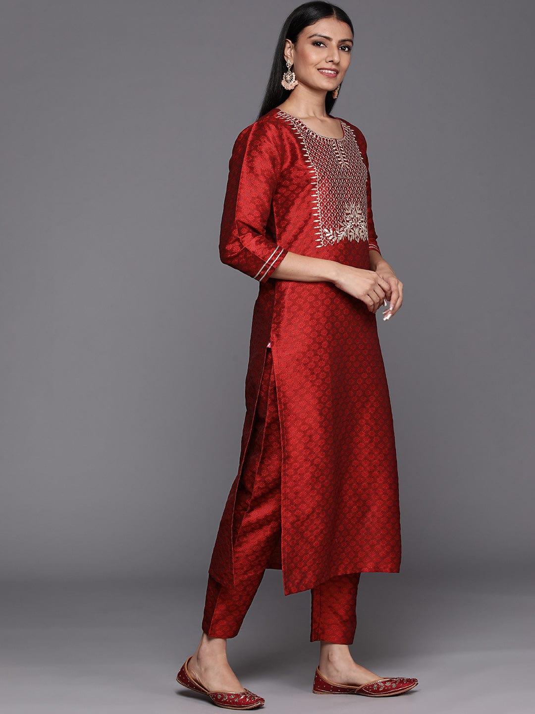 Varanga Red Embroidered Kurta Paired With Straight Bottom And Contrast Bottom - Indiakreations