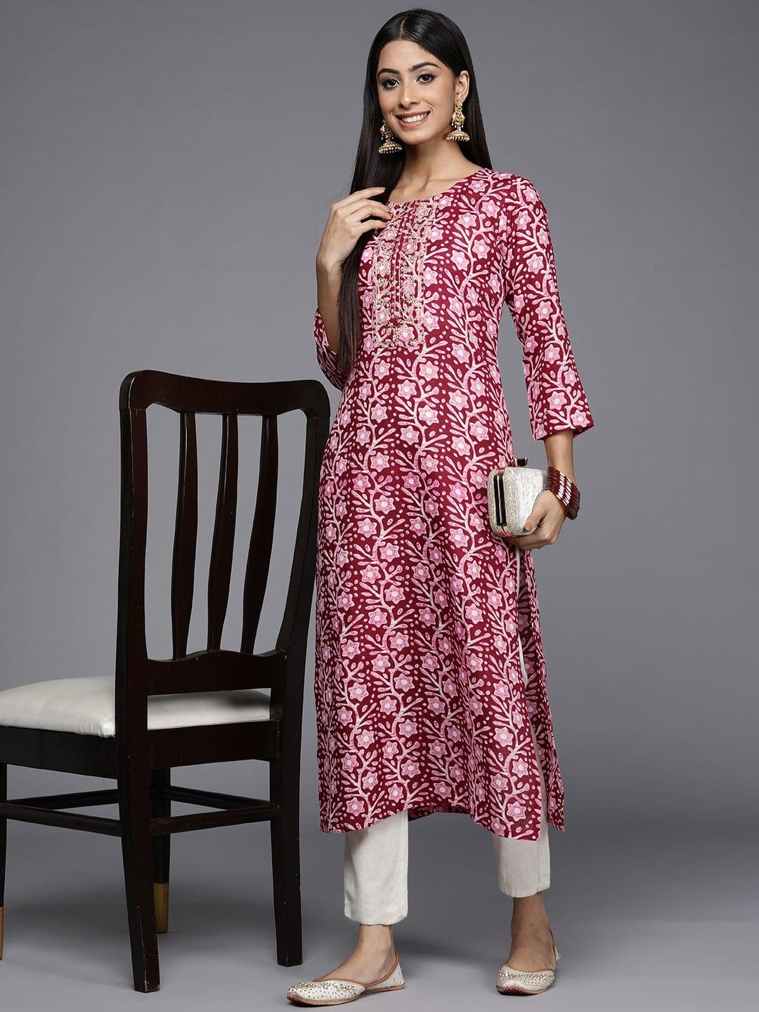 Varanga Women Maroon & Pink Floral Printed Gotta Patti Kurta - Indiakreations