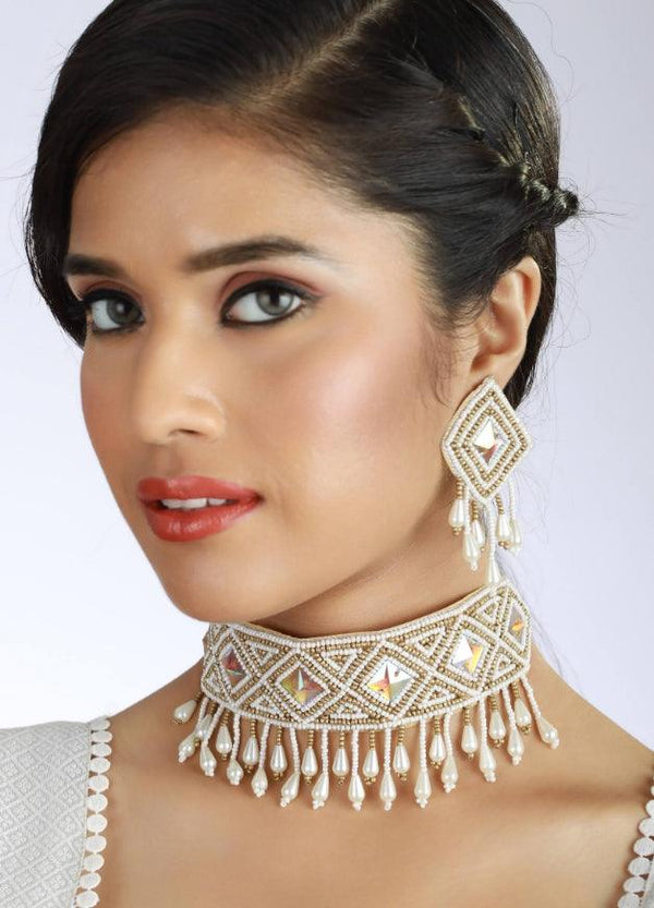 Women's Gold & White Pearl-Studded & Beaded Tasselled Handcrafted Choker Necklace Set - Jazz And Sizzle - Indiakreations