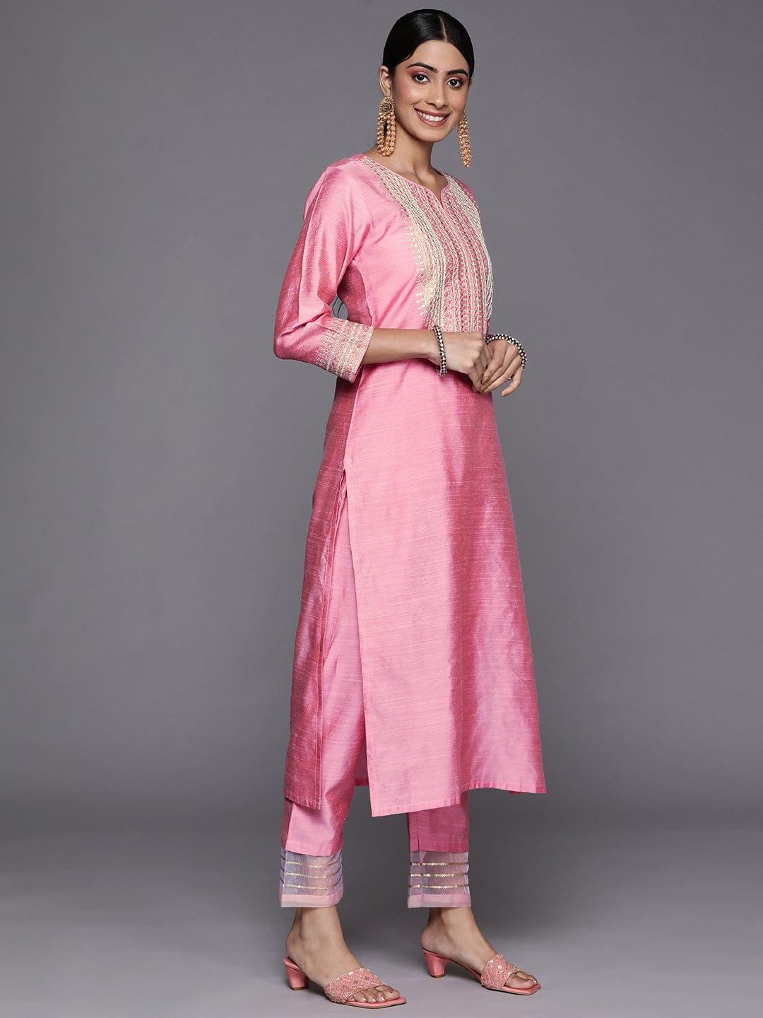 Varanga Women Pink Ethnic Motifs Embroidered Sequinned Dupion Silk Kurta with Trousers & With Dupatta - Indiakreations