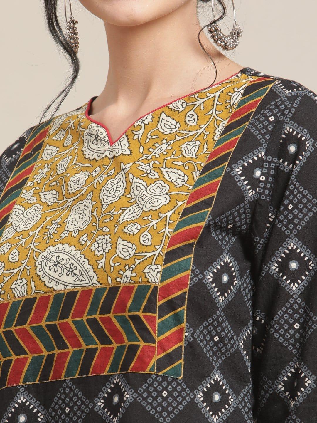 Black And Mustard Printed Kurta With Yoke Design And Paired With Straight Trouser - Indiakreations