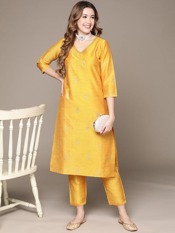 Women's Yellow Gold Printed Sequinned Kurta Set with Trousers - Anubhutee