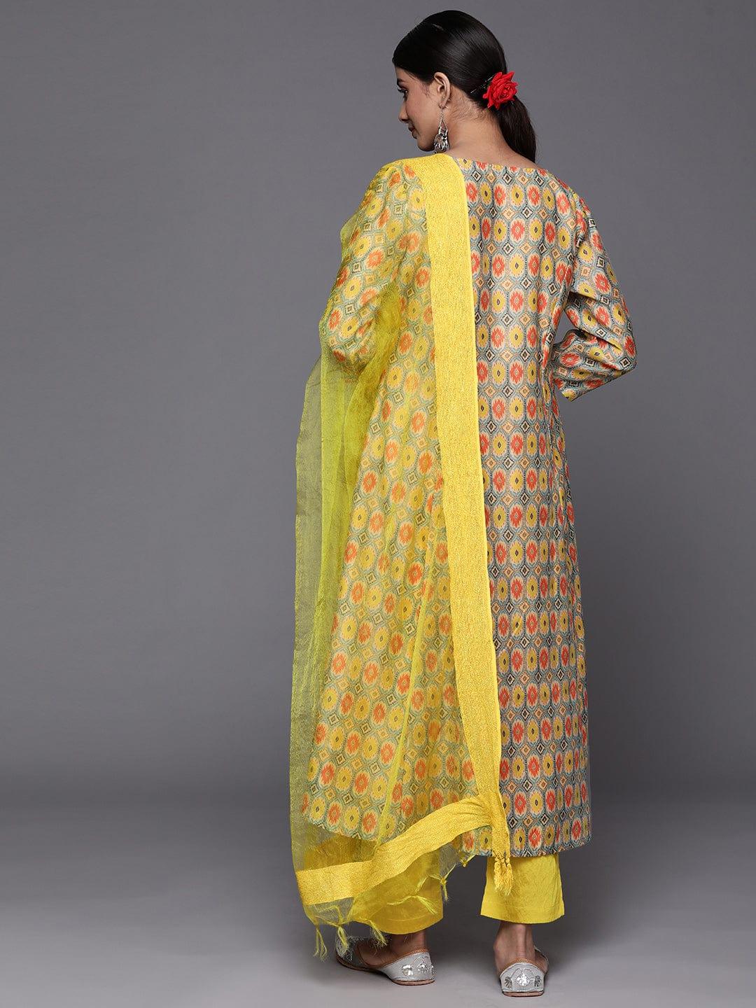 Varanga Women Lime Green Ethnic Motifs Printed Mirror Work Kurta with Trousers & With Dupatta - Indiakreations