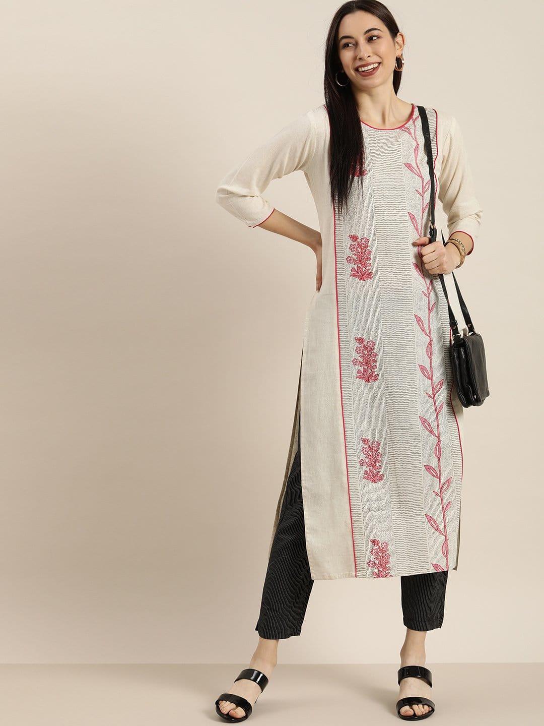 KSUT Off White And Pink Floral Printed Straight Kurta With Black And White Stripe Trouser - Indiakreations