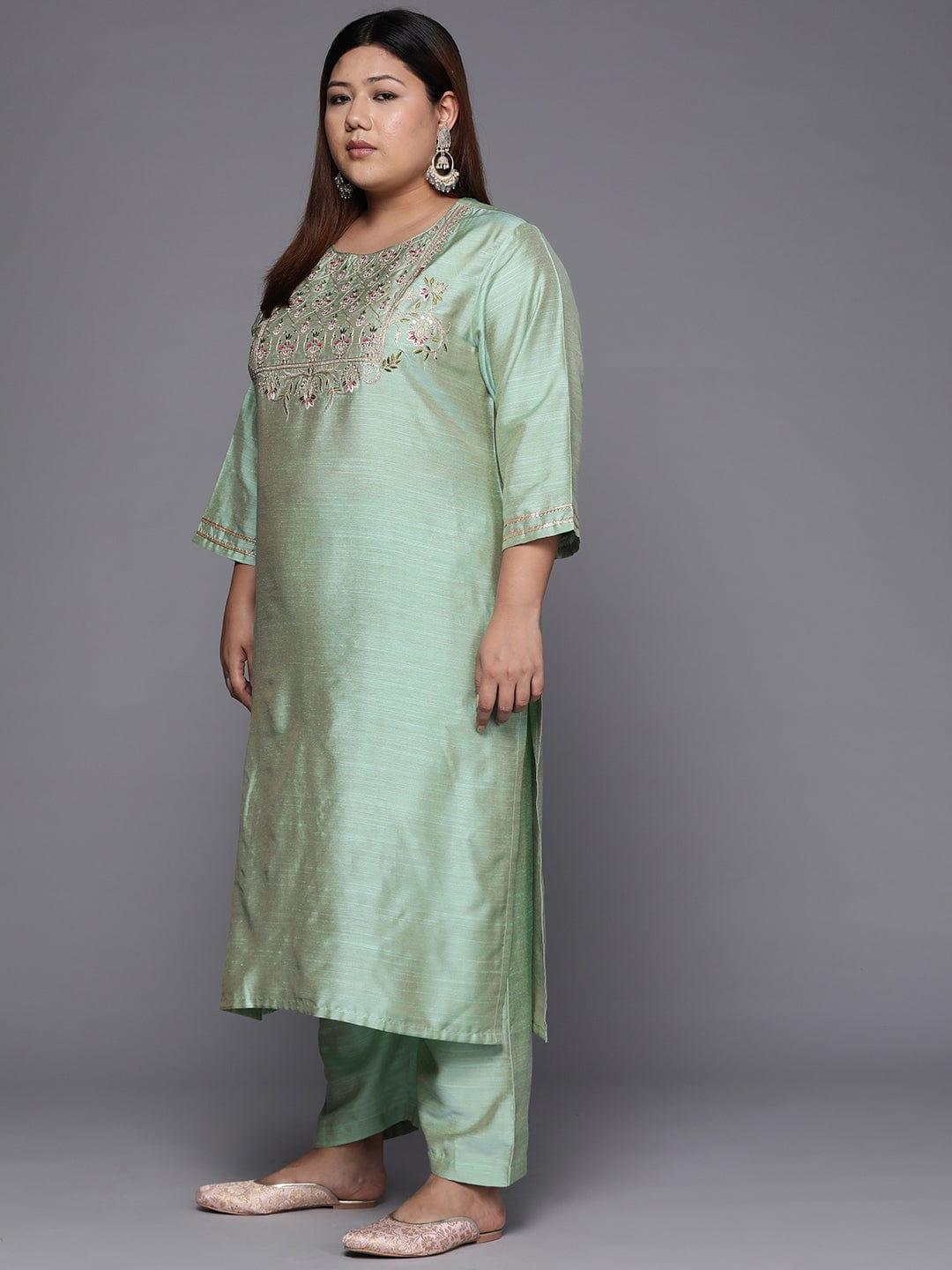 Varanga Women Plus Size Sea Green Embroidered Sequinned Kurta with Trousers & Dupatta - Indiakreations