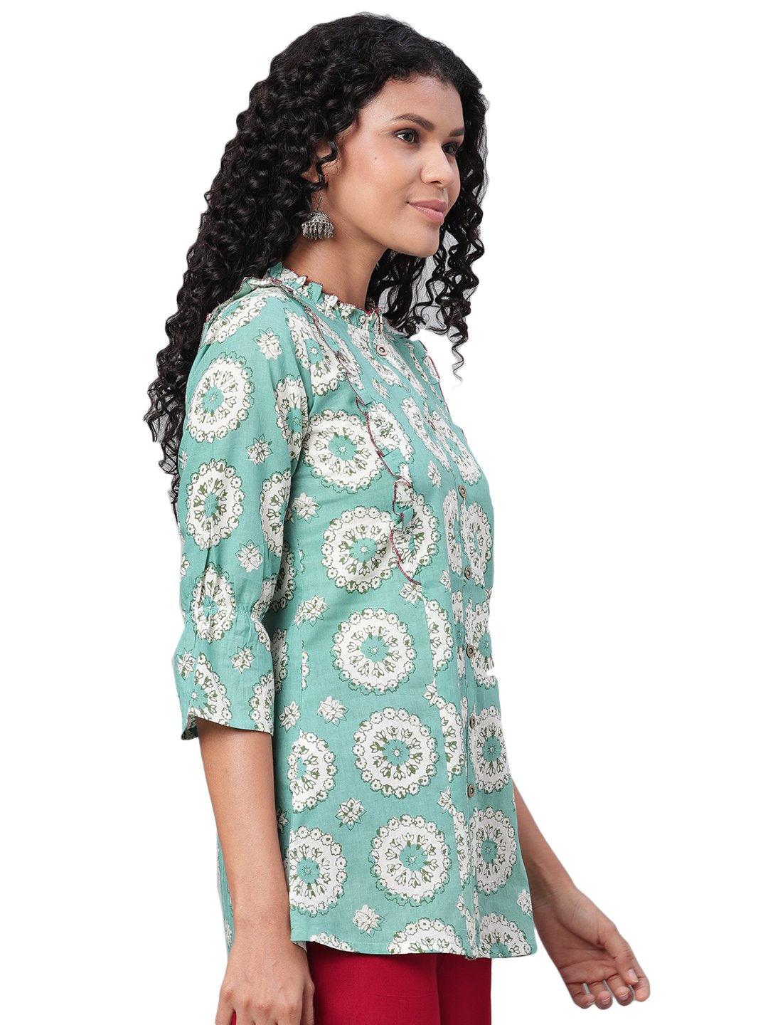 Women Green Printed Cotton Top by Myshka (1 Pc Set) - Indiakreations