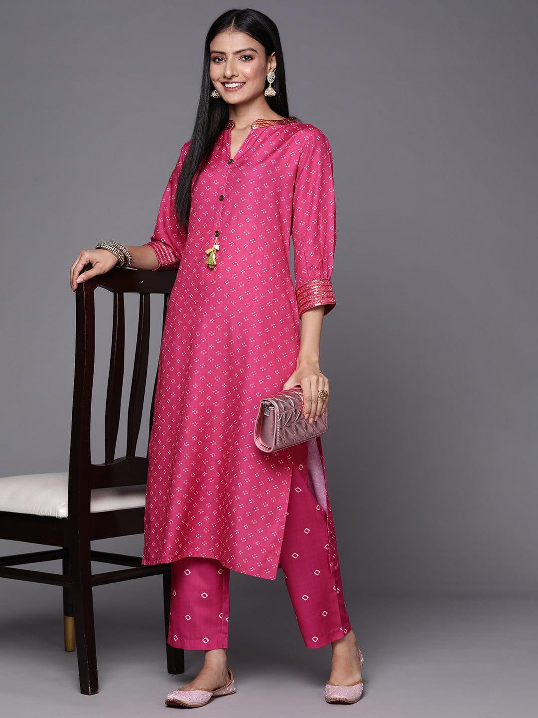 Varanga Women Pink Bandhani Printed Sequinned Kurta with Trousers - Indiakreations