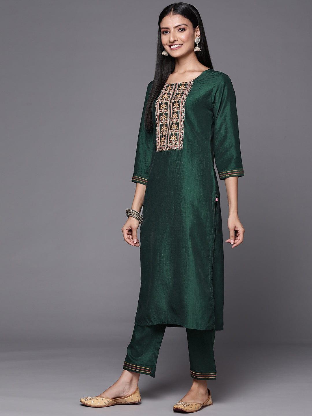 Varanga Women Green Floral Embroidered Thread Work Kurta with Trousers & With Dupatta - Indiakreations