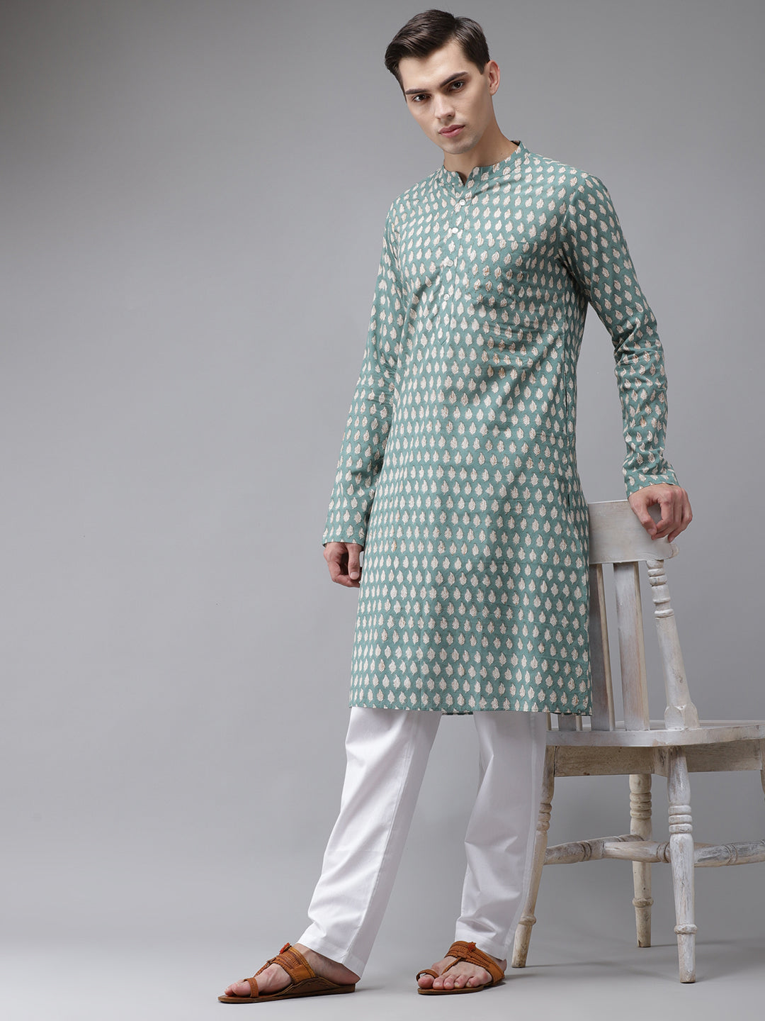 Men's Green And Beige Hand Block Print Sustainable Straight Kurta - See Designs