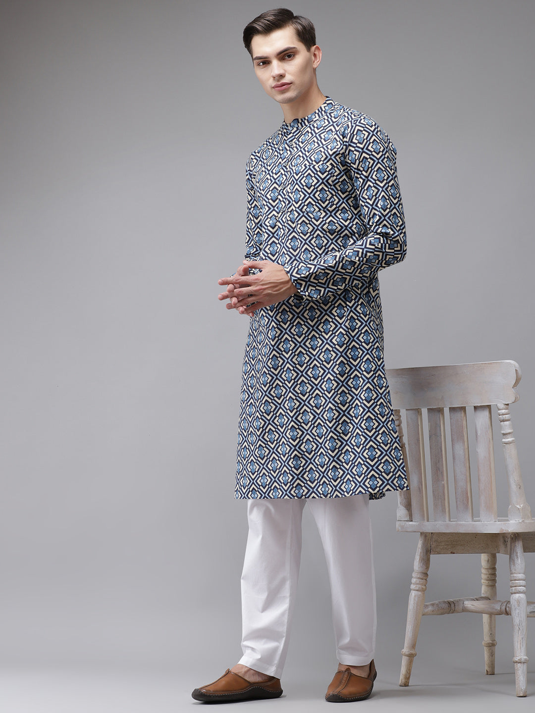 Men's Blue And Beige Printed Straight With Kurta Pyjama - See Designs