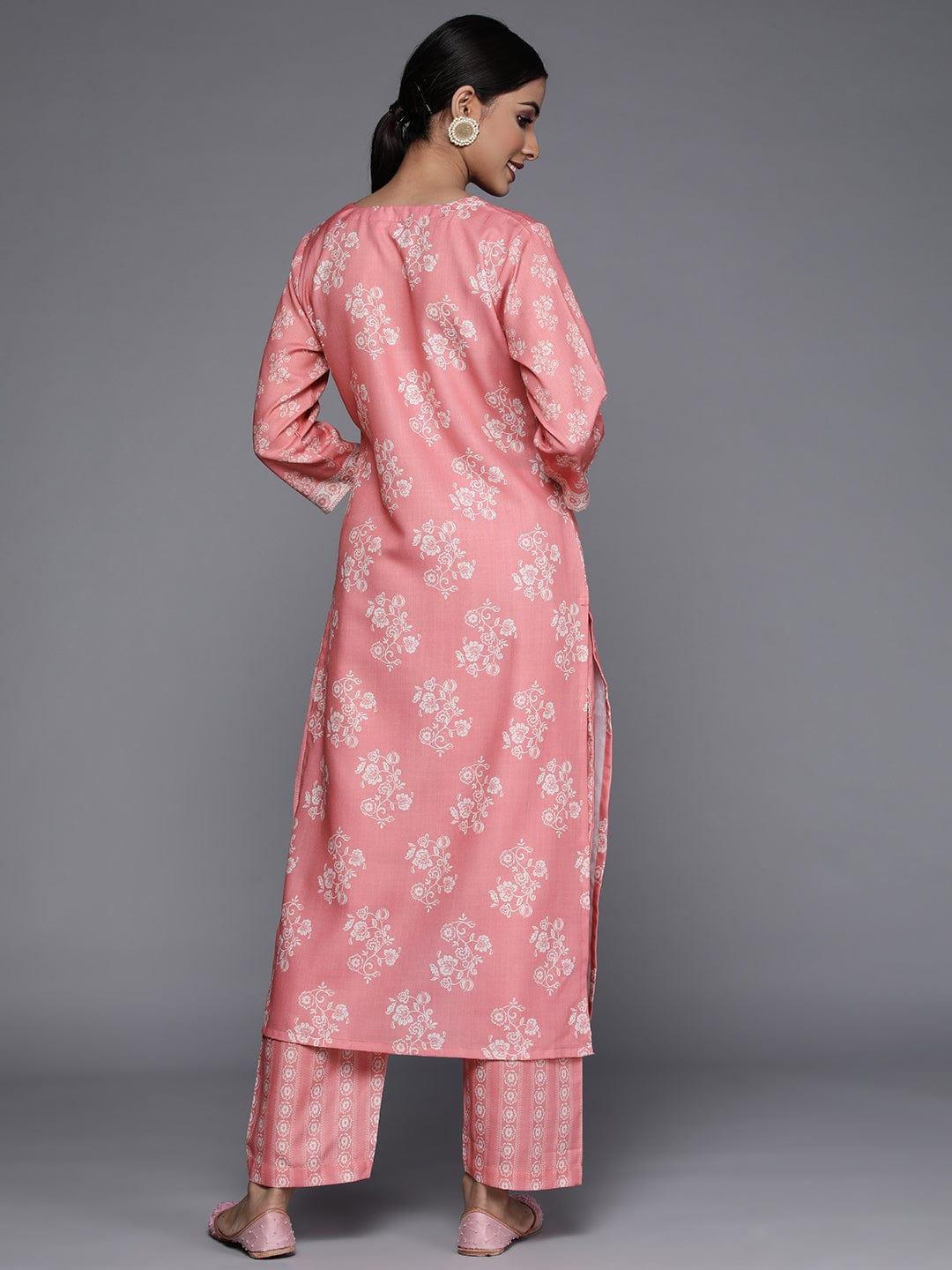 Varanga Women Pink & Off-White Floral Printed Kurta with Trousers - Indiakreations