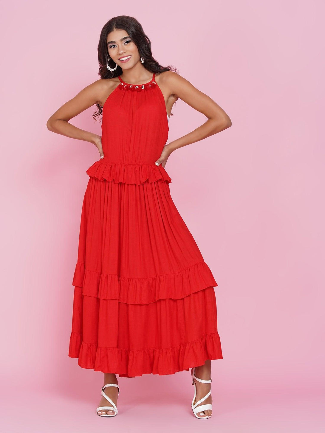 Women's Red Tiered Rayon Dress - Women Republic - Indiakreations