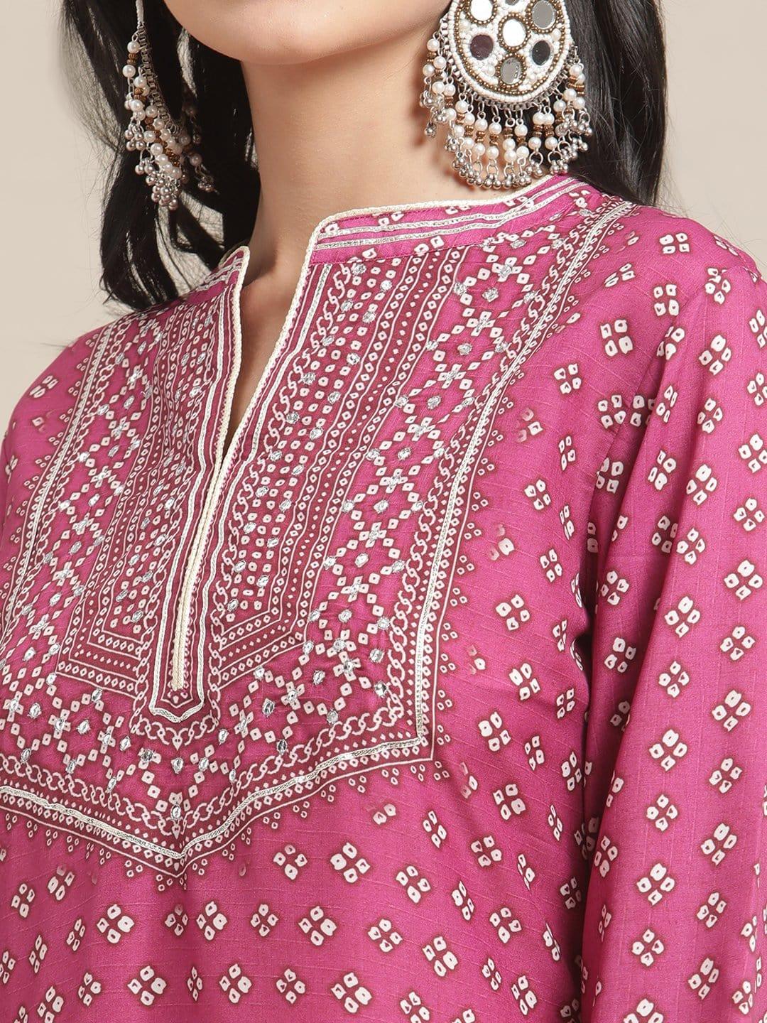 Magenta And Off White Bandhej Printed And Zari Embellished Kurta Trouser Set - Indiakreations