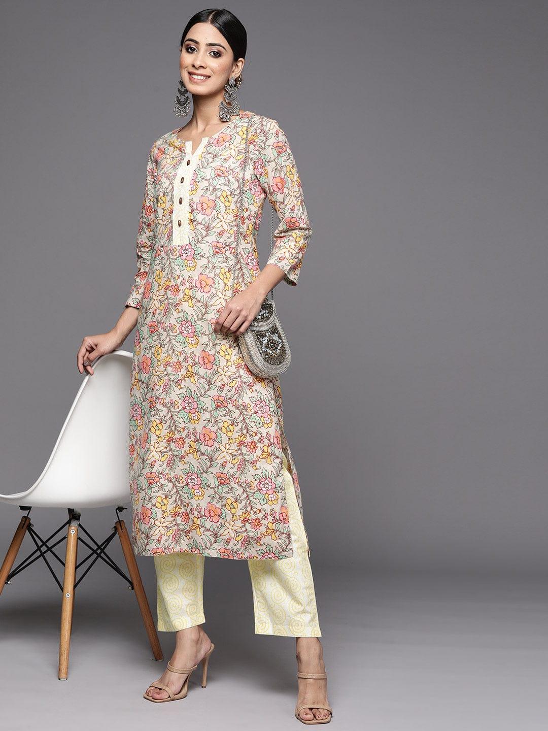 Sea Green & Mustard Yellow Printed Kurta with Trousers - Indiakreations