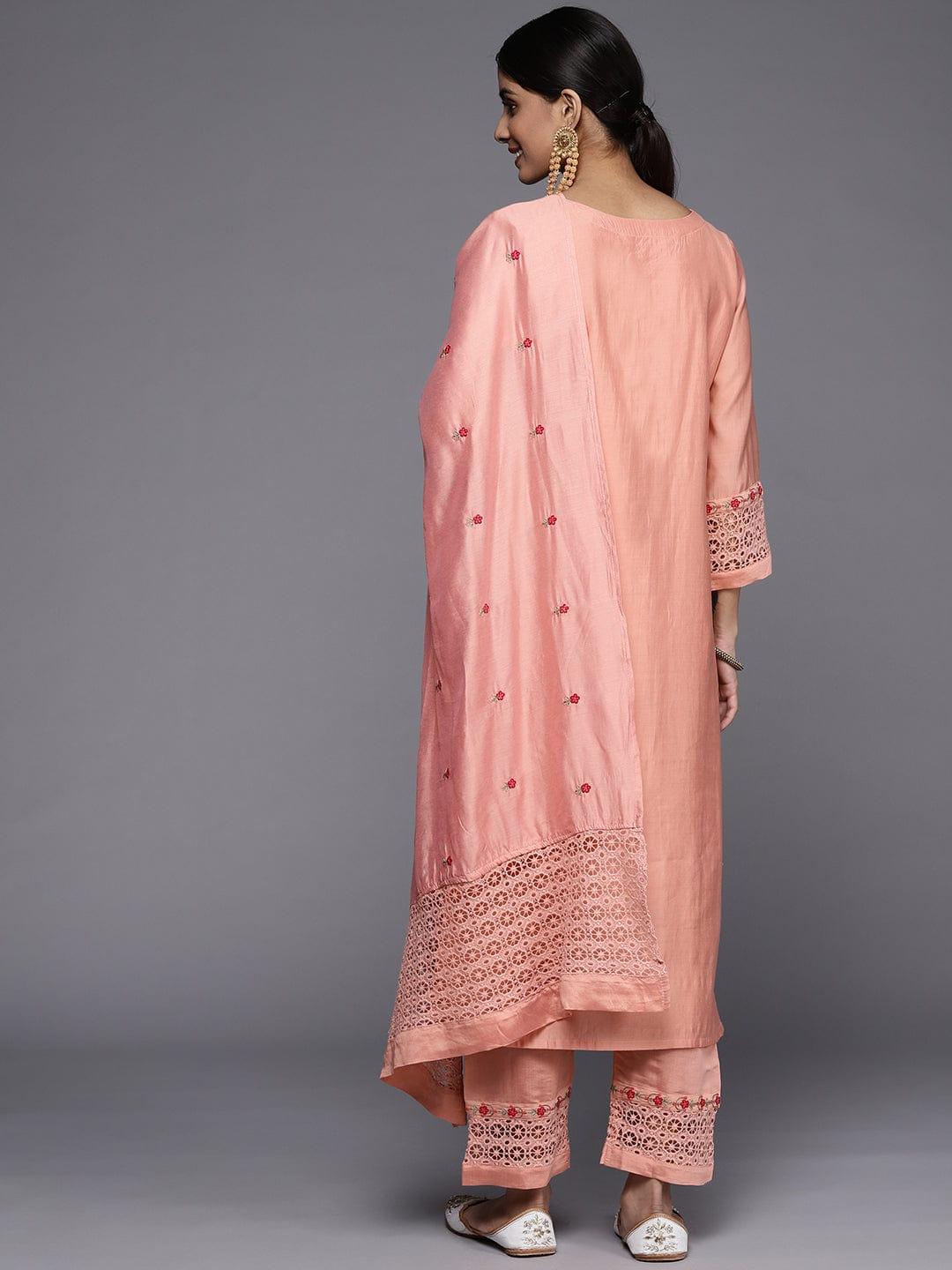 Varanga Women Peach-Coloured Ethnic Motifs Embroidered Kurta with Trousers & Dupatta - Indiakreations