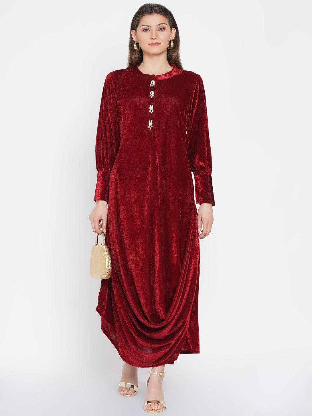 Women's Maroon Velvet Cowl style kurta with pants - Women Republic - Indiakreations