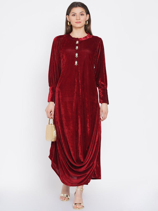 Women's Maroon Velvet Cowl style kurta with pants - Women Republic - Indiakreations