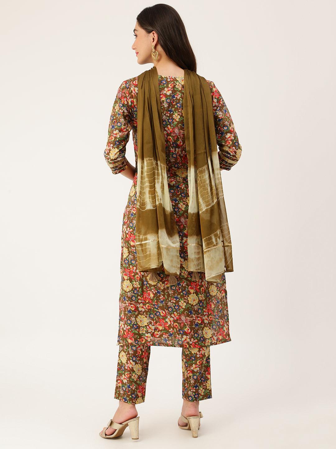 Women's MULTICOLOUR A-line kurta set with pant. print duptta has a key hole neck line and beautiful gota lace detail - The Fab Factory - Indiakreations