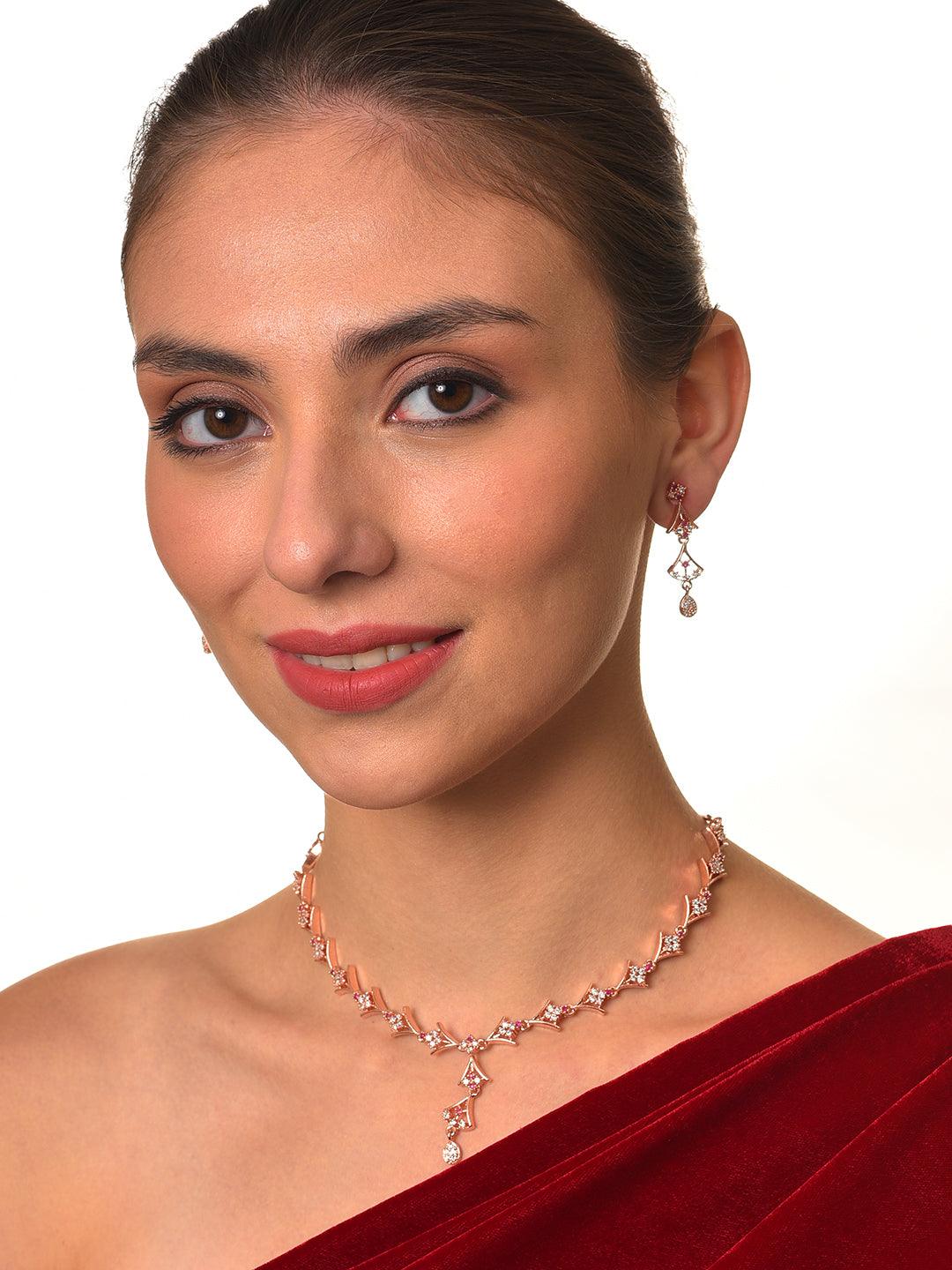 Women's Rose Gold-Plated Ruby AD-Studded Handcrafted Jewellery Set - Jazz And Sizzle - Indiakreations