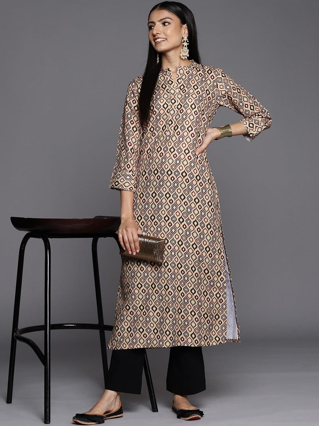 Varanga Women Beige & Yellow Ethnic Motifs Printed Quirky Kurta - Indiakreations