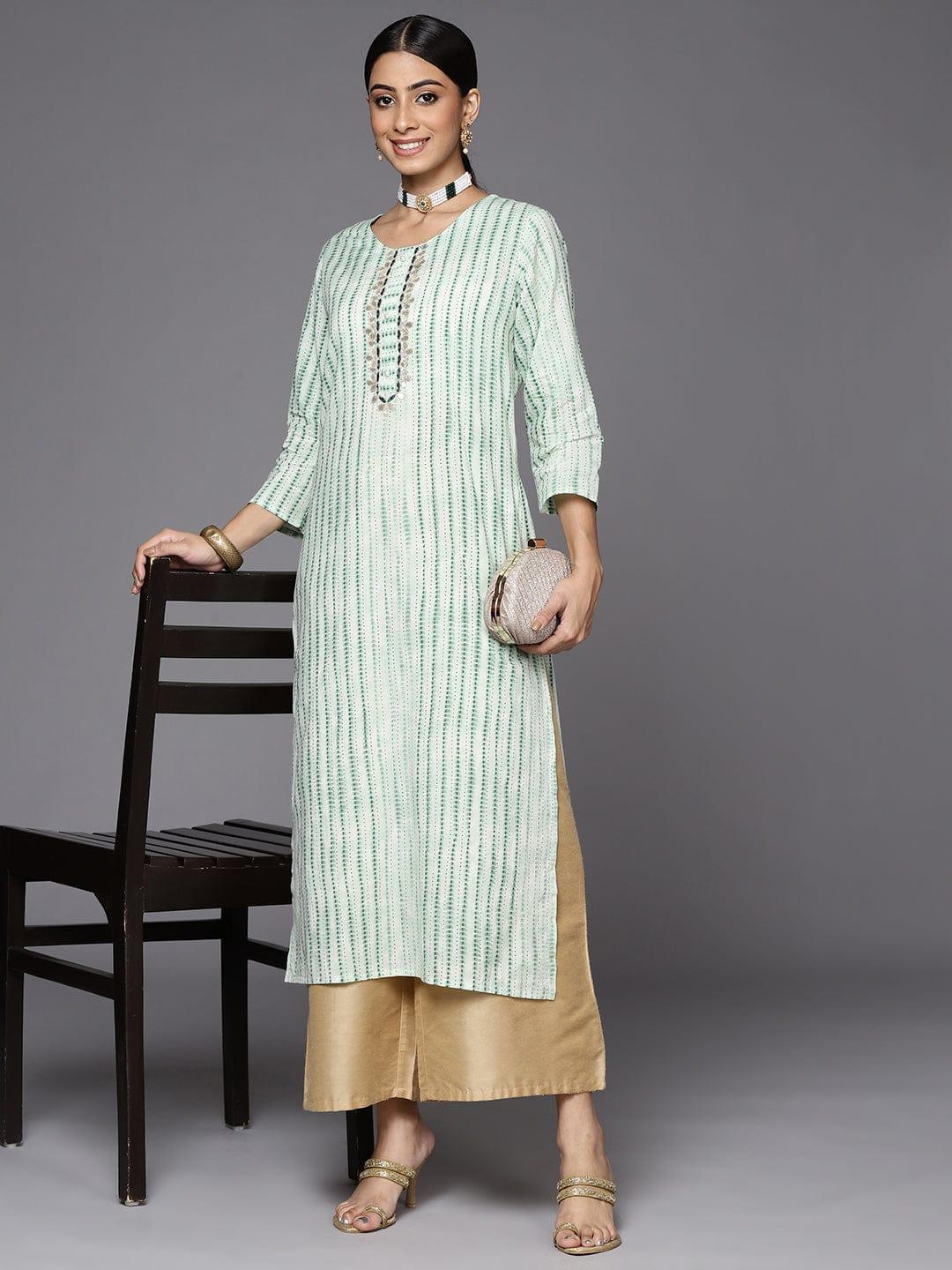 Varanga Women Green & White Printed Gotta Patti Indie Prints Kurta - Indiakreations