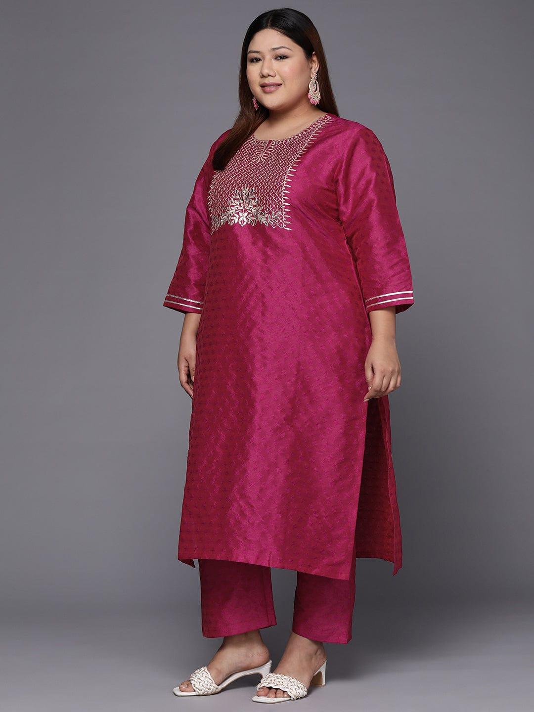 Varanga Women Plus Size Magenta Floral Embroidered Kurta with Trousers & Dupatta - Indiakreations