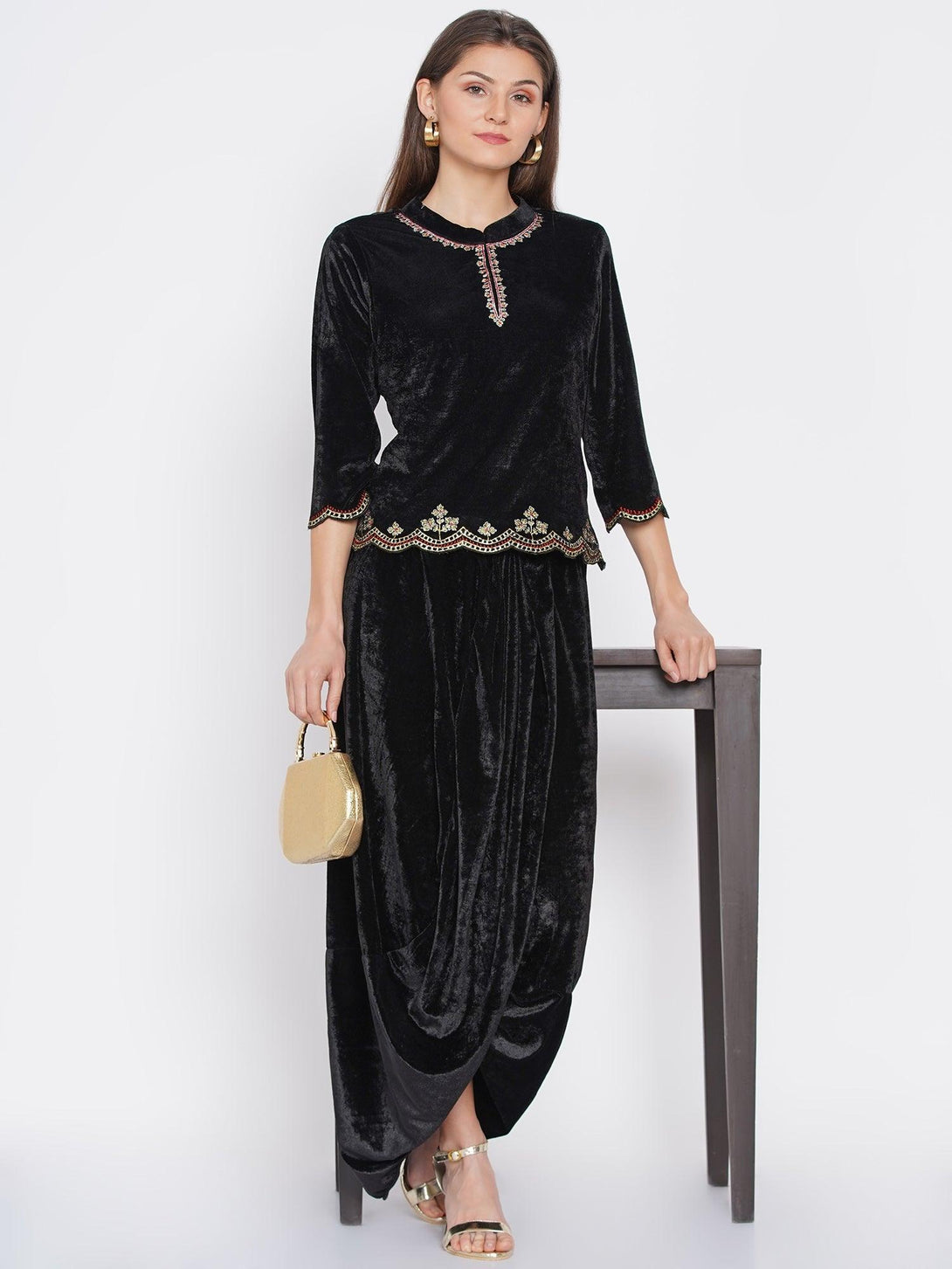 Women's Black Embroidered Velvet Kurta with Dhoti - Women Republic - Indiakreations