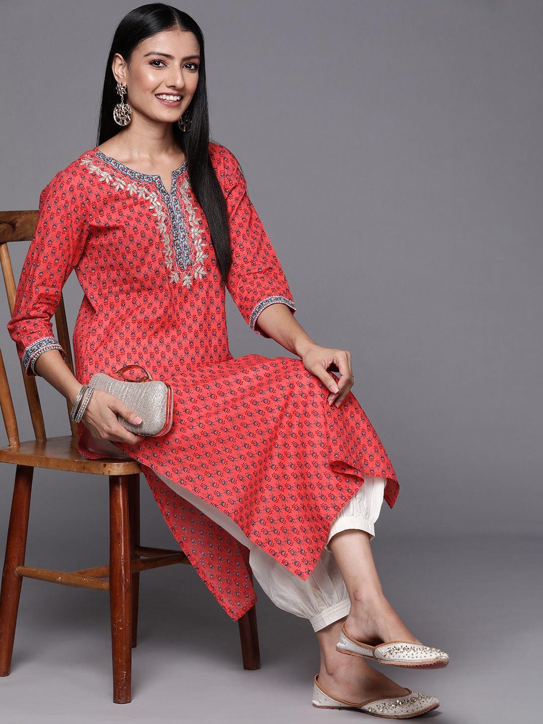 Varanga Women Coral & Blue Floral Printed Gotta Patti Floral Kurta - Indiakreations