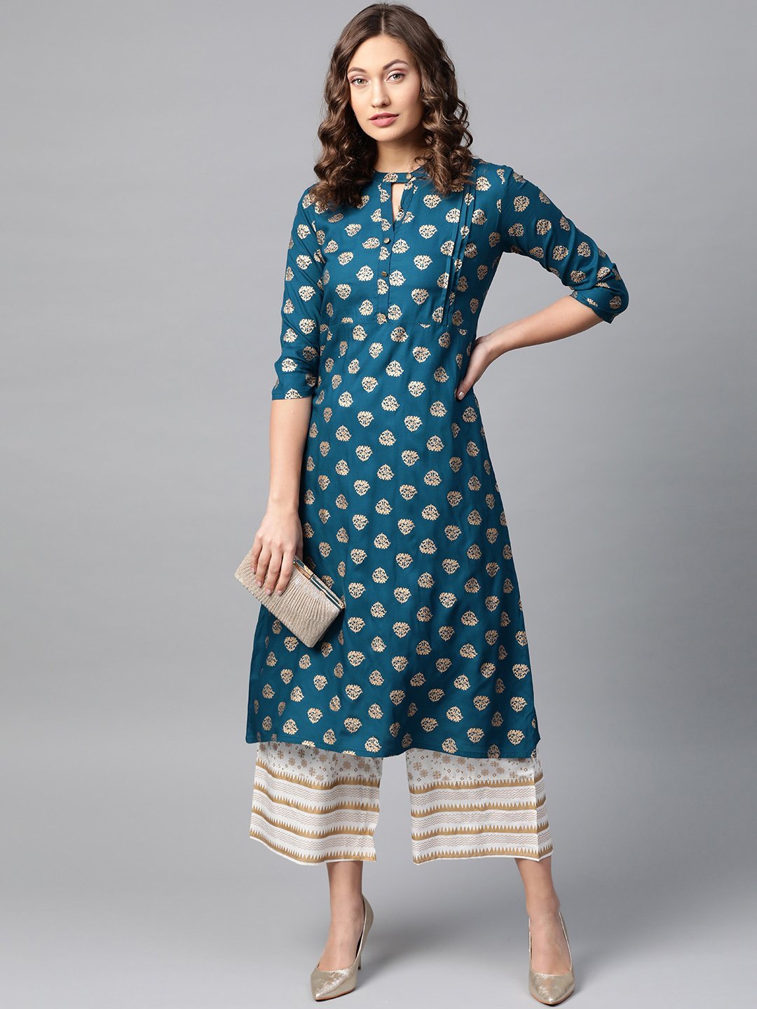 Women Teal Blue Printed Kurta with Palazzos by Anubhutee (Set of 2)