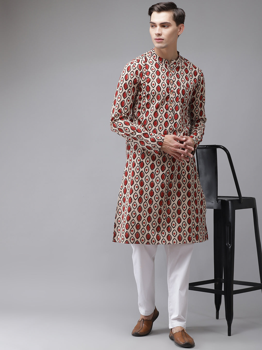 Men's Beige And Black Hand Block Print Sustainable Straight With Kurta Pyjama - See Designs