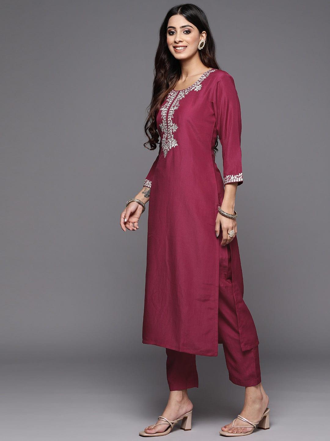 Varanga Women Magenta Yoke Design Kurta with Trousers & With Dupatta - Indiakreations