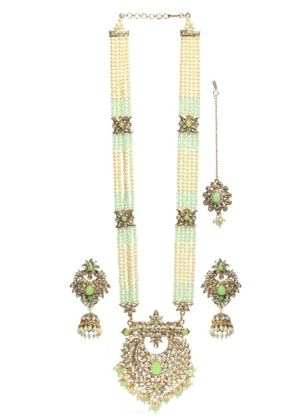 Women's Mint Green Coloured Gold-Plated Kundan-Studded & Beaded Handcrafted Jewellery Set - Jazz And Sizzle - Indiakreations