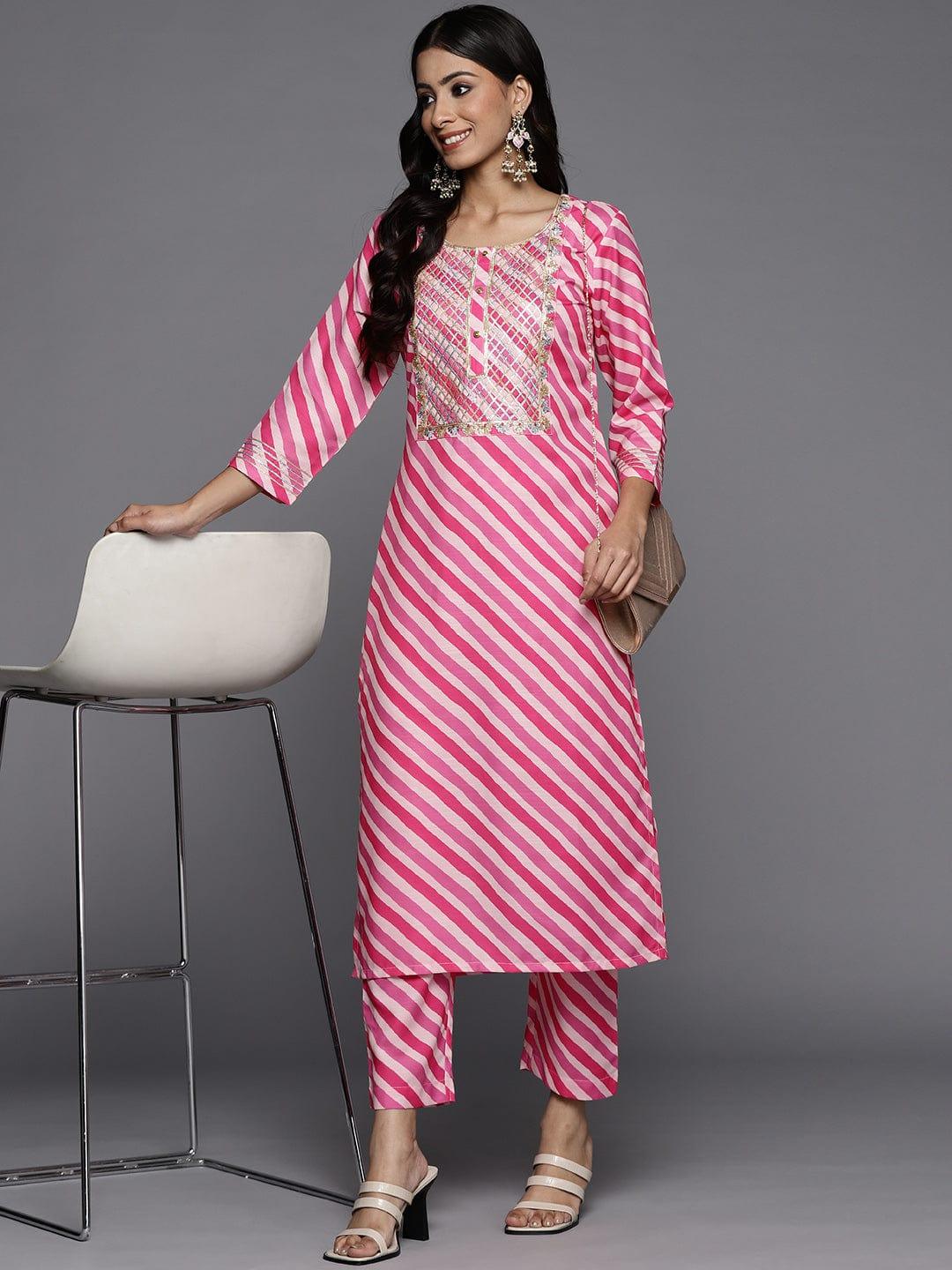 Varanga Women Fuchsia Pink & White Leheriya Striped Gotta Patti Kurta with Trousers - Indiakreations