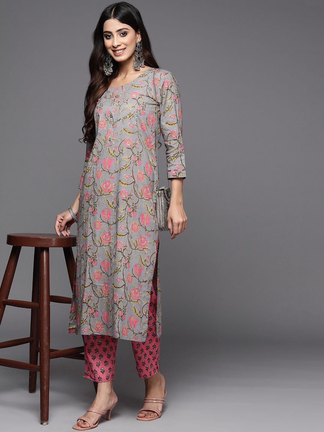 Varanga Women Grey Ethnic Motifs Printed Thread Work Pure Cotton Kurta with Trousers - Indiakreations