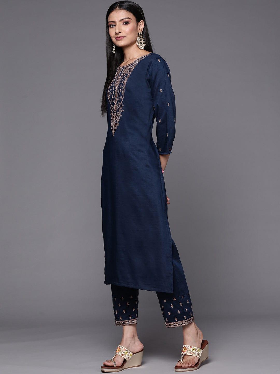 Varanga Women Navy Blue & Golden Ethnic Motifs Embroidered Kurta with Trousers & Dupatta - Indiakreations