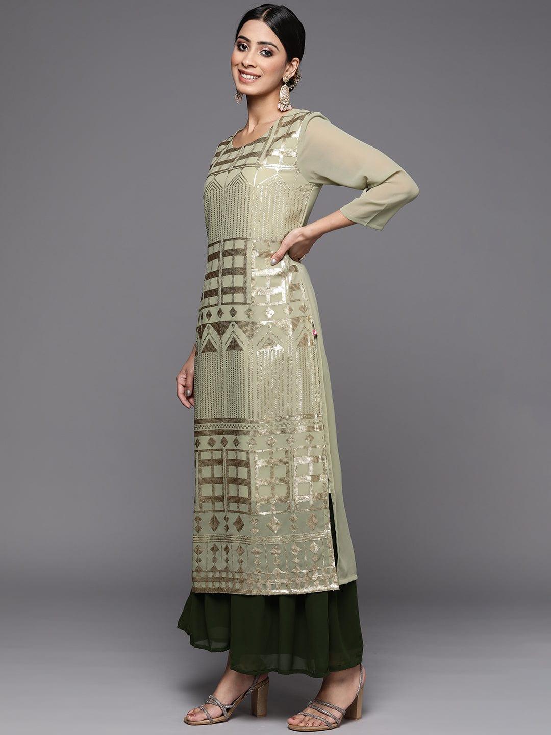 Varanga Women Green Embroidered Sequinned Kurta with Trousers & With Dupatta - Indiakreations