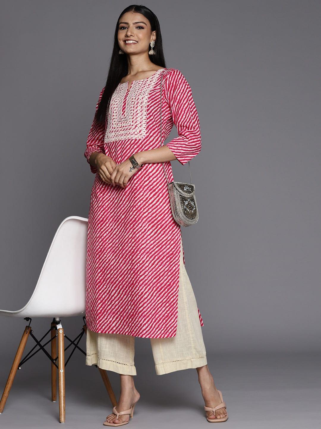 Varanga Women Pink Leheriya Striped Kurta - Indiakreations