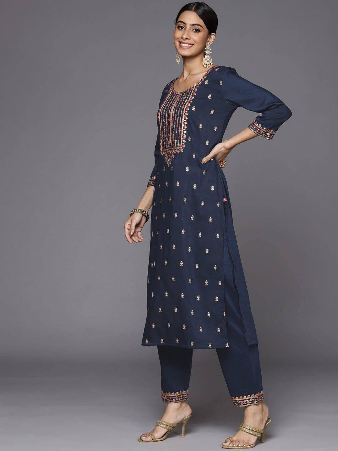 Varanga Women Blue Embroidered Kurta with Trousers & With Dupatta - Indiakreations