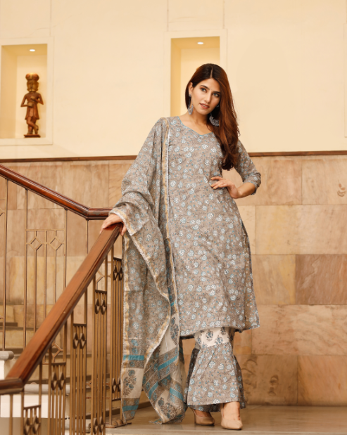 Women's Light Grey Floral Hand Block Printed Set with Flared Pants and Dupatta