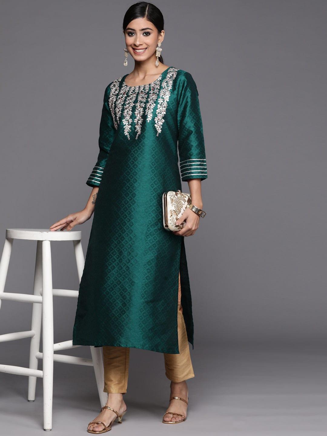 Varanga Women Green & Golden Floral Yoke Design Gotta Patti Jacquard Kurta - Indiakreations