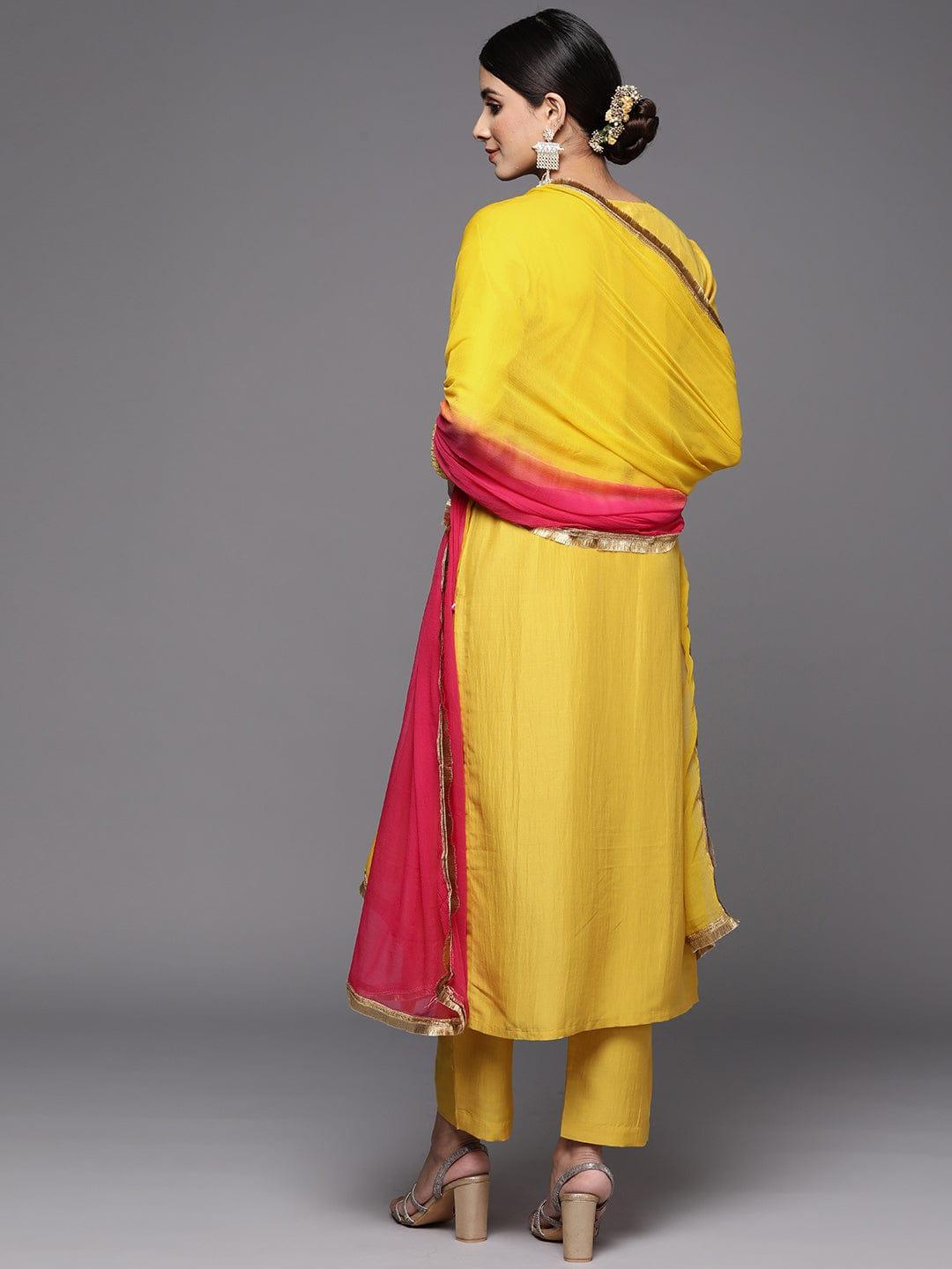 Varanga Women Yellow Ethnic Motifs Yoke Design Mirror Work Kurta with Trousers & With Dupatta - Indiakreations