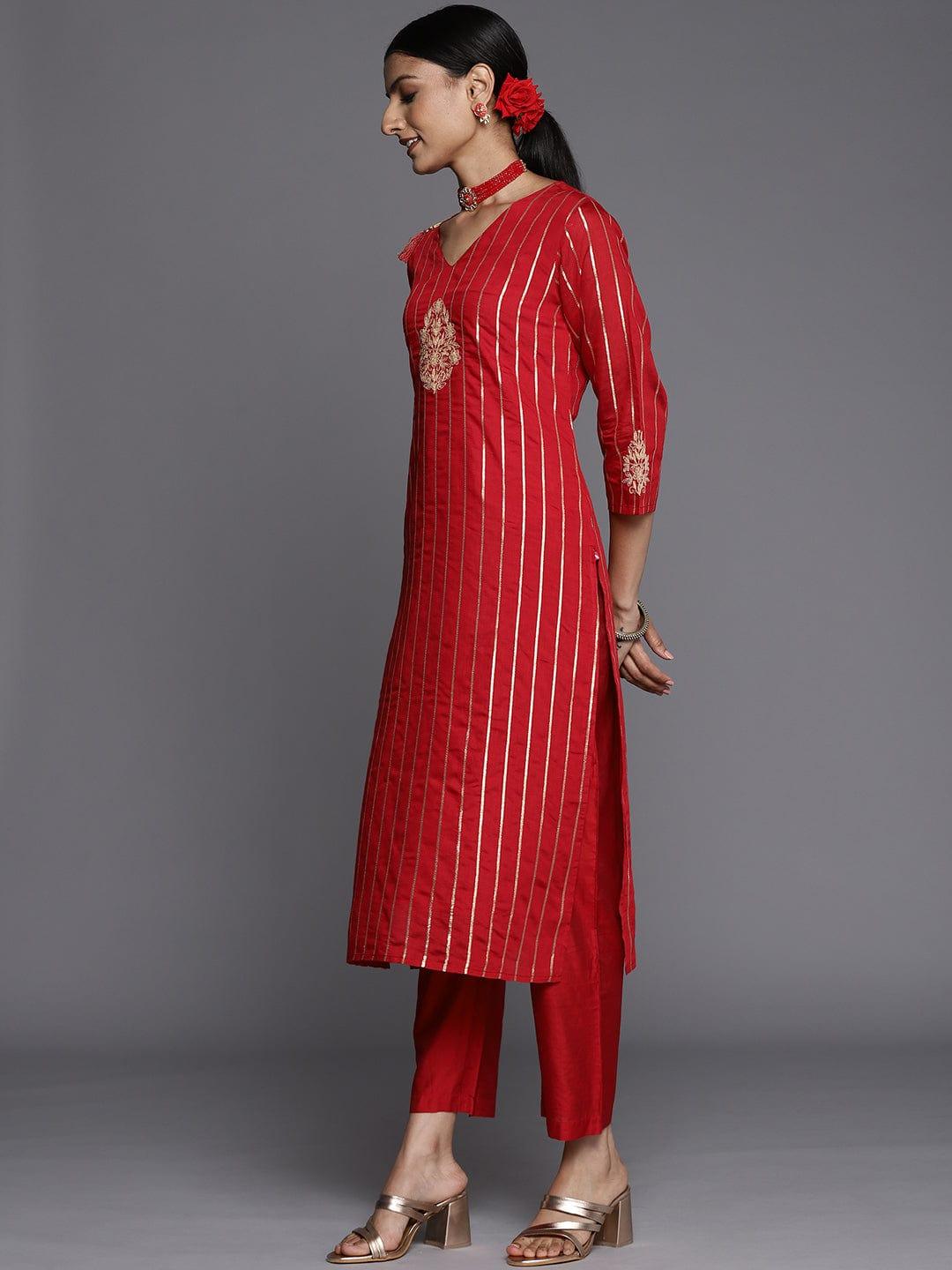 Varanga Women Red Floral Embroidered Kurta with Trousers & With Dupatta - Indiakreations