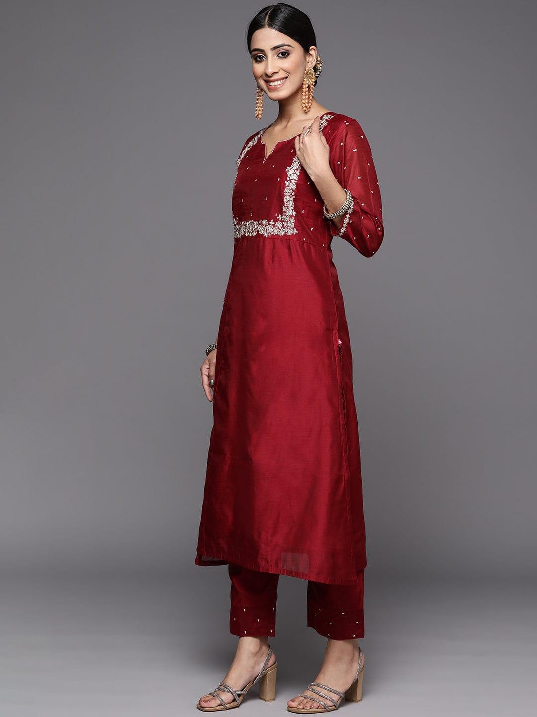 Varanga Women Maroon Ethnic Motifs Embroidered Kurta with Trousers & With Dupatta - Indiakreations