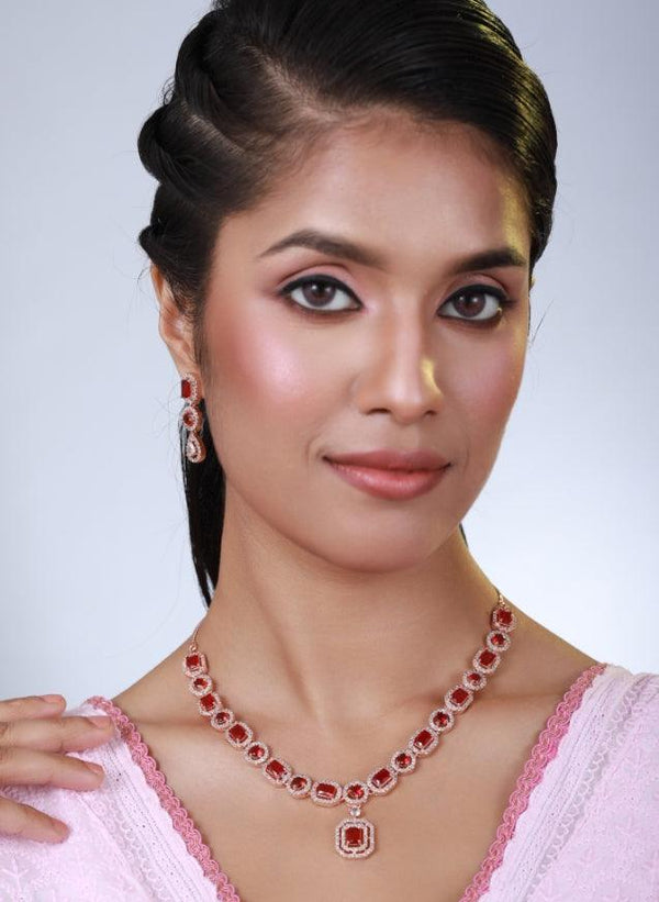 Women's Red American Diamond Rose Gold-Plated &Cz Studded Jewellery Set - Jazz And Sizzle - Indiakreations