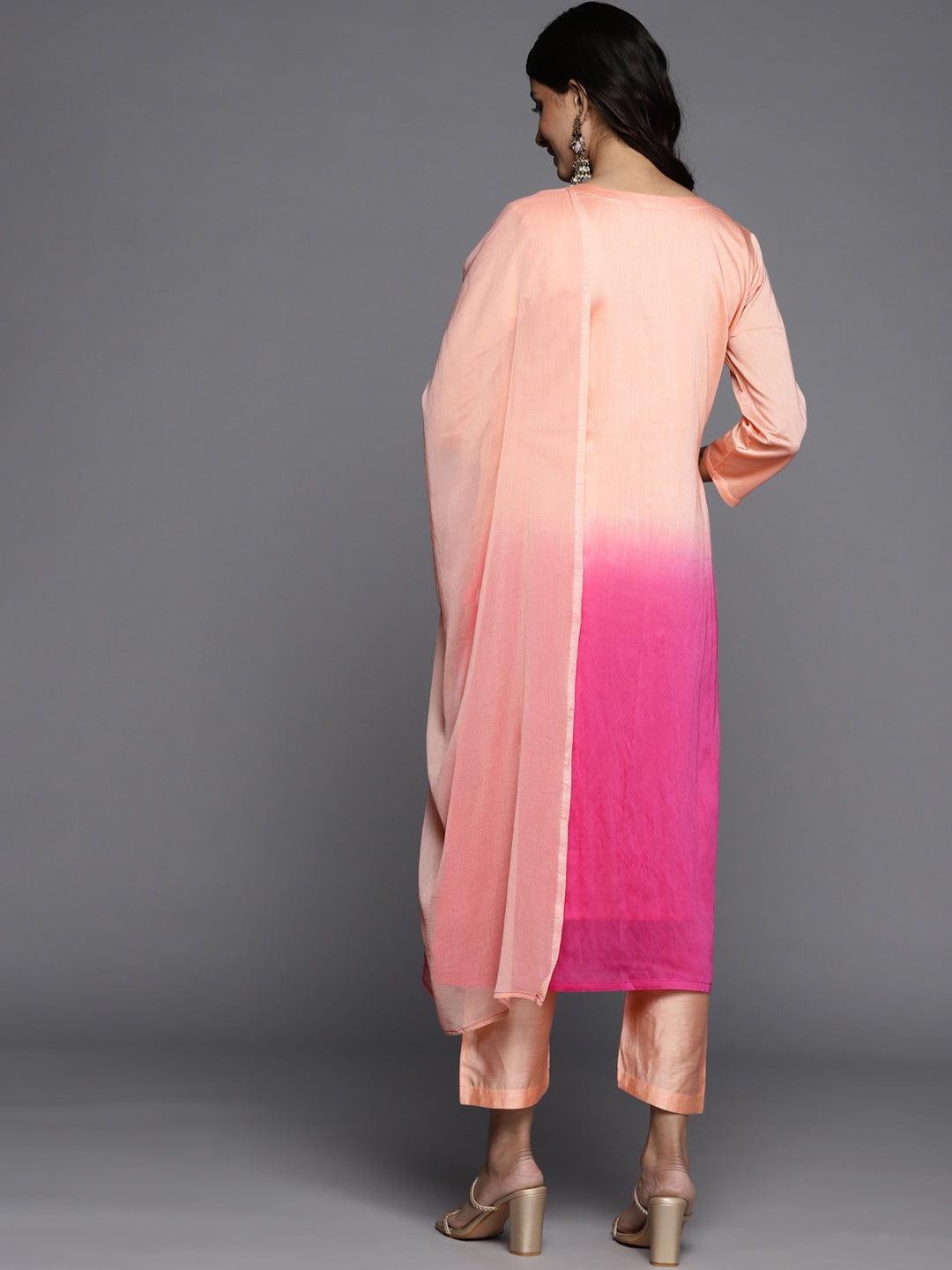 Varanga Women Peach-Coloured Ombre Yoke Design Sequinned Kurta with Trousers & Dupatt - Indiakreations